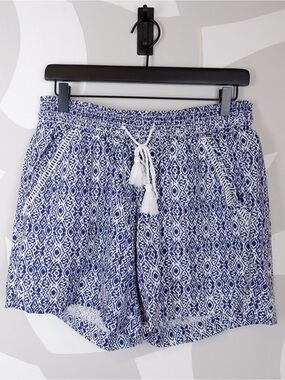 Briggs Blue Linen Blend Patterned Tassel Tie Shorts | M